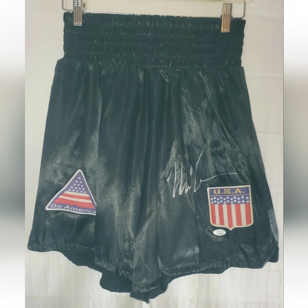 New Mike Tyson Signed Custom Black USA Boxing Trunks JSA #VV00754